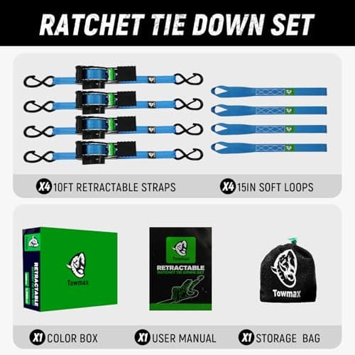Retractable Ratchet Straps(4 Pack) - 1in x 10ft Self Retracting Ratchet Straps with Soft Loops, 1,500 lbs Break Strength Retractable Tie Down Straps, Easy Retract for Motorcyle, Cargo, Truck, Trailer view 6