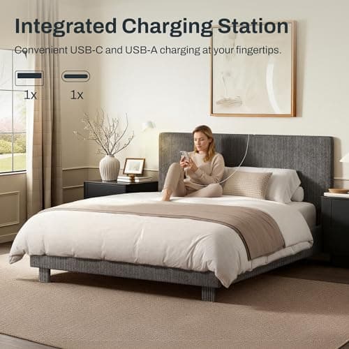 FLEXISPOT Queen Bed Frame with Adjustable Headboard, Velvet Upholstered Bed Frame with Vertical Channel Design, Plush Padding, Bonus LED Wall Light, No Box Spring Needed, Easy Assembly, Dark Grey view 4
