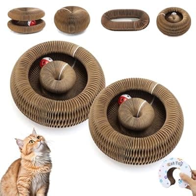 PETSWEET 2Pcs Magic Organ Cat Scratcher Cardboard, Foldable Scratching Board, Interactive Cat Toy with Bell Ball, Corrugated Cardboard Scratch Pad for Indoor Cats, Round
