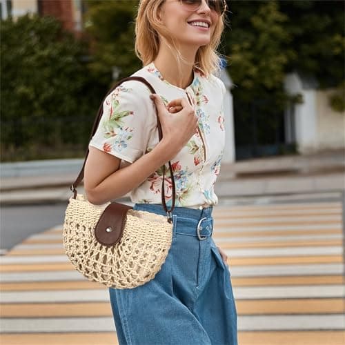 XquiziFit Straw Bag Beach Purse Summer Purses for Women Vacation Handbags Woven Crossbody Bags Beige view 3