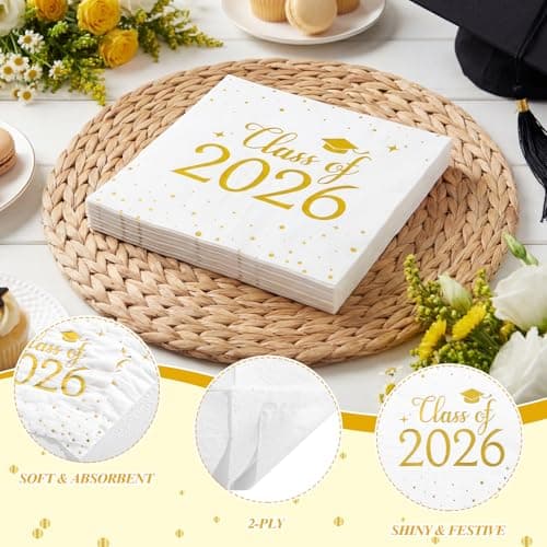 NatNarr Graduation Napkins Class of 2026, 6.5 Inch White and Gold Cocktail Napkins with Gold Foil Dots for College High School Grad Celebration view 3