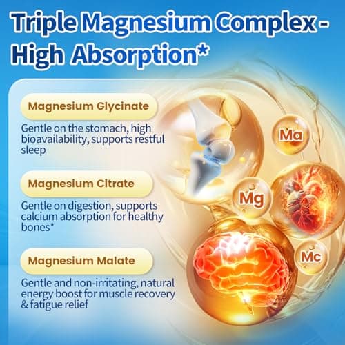 Triple Magnesium Complex for Women and Men - Magnesium Glycinate 400mg, Malate, Citrate, High Absorption Chelated Magnesium Supplement Support Sleep, Muscle, Non-GMO, Gluten Free - 240 Capsules view 3