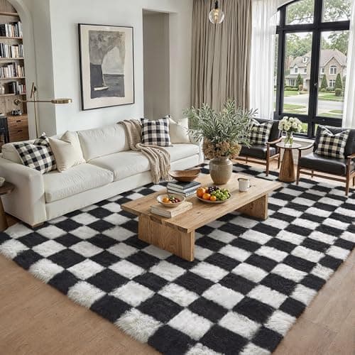 PureCozy Checkered Rug 5x8 for Living Room, Black and White Modern Shag Rugs Super Soft Washable Indoor Office Fuzzy Carpet Non-Slip Fluffy Rugs for Bedroom Home Aesthetic Decor view 3