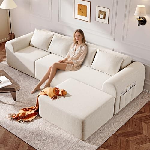 Decofy 105.5” Cloud Boneless Sectional Sofa for Living Room, L-Shaped 4-Seater Modular Couch with Ottoman & 4 Pillows, Deep Seat Chenille Fabric Sofa, No Assembly, 72H Full Restore, Beige