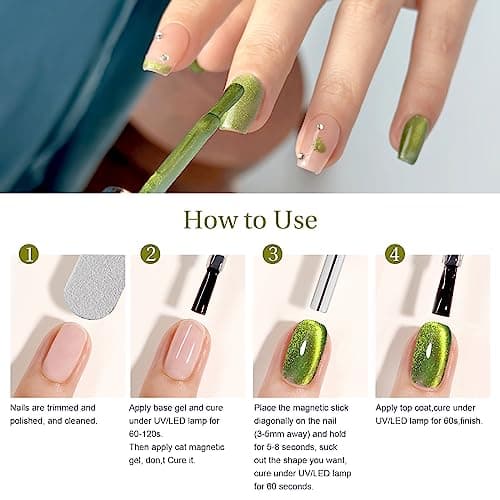 SAGEBIO 15ml Cat Eye Gel Nail Polish with Magnet Stick – Glitter Holographic Magnetic Gel, DIY Manicure Kit for Home Use, Long-Lasting Nail Art, A-Jelly Green view 6