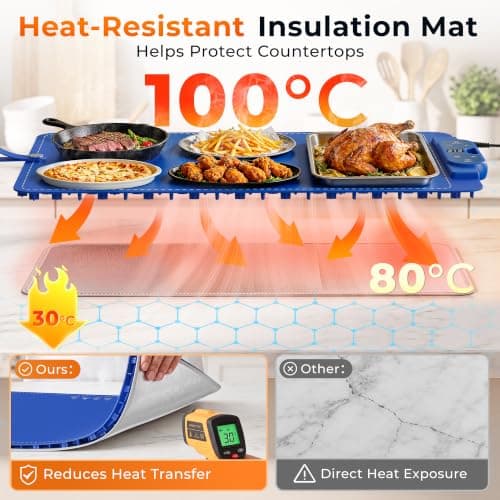 FJAU Warming Mat for Food， Extra Large 26"x15", 7 Heat Levels, 8 Hour Timer | Electric silicone heating mat for food, countertop warming trays, warming pads for buffets, chafing dishes and parties, Blue view 3