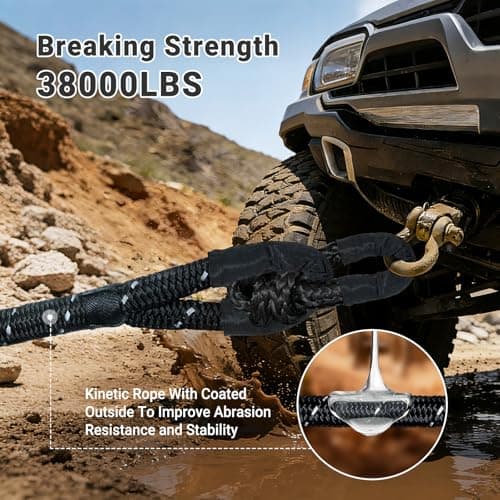 Kinetic Recovery Tow Rope 5/8" x 20ft, 38000lbs Snatch Strap,Heavy Duty Stretch Nylon Towing Ropes with 2pcs Soft Shackles for Offroad Vehicle,Jeep, SUV, ATV, UTV view 2