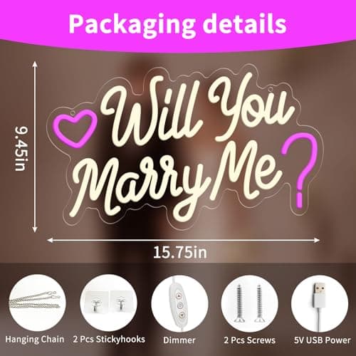 Will You Marry Me Sign,USB Powered Marry Me Light Up Letters with Dimmer and Sticky Hook, Wall Decor Neon LED Signs for Marriage Proposal Valentine's Day Decorations15.75 x 9.45 inch view 2