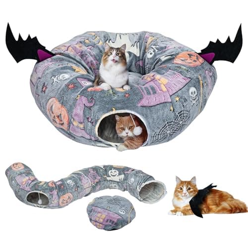 Tidjani Halloween Cat Tunnel Bed, Cat Tunnels for Indoor Cats with Bat Wings, Foldable Pet Donut Bed with Middle Mat and Dangling Balls, Pet Play Toy with Ghost, Spider Web Pattern Decorations — image 1