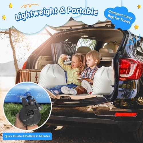 Inflatable Toddler Travel Bed with Tent – Foldable Portable Toddler Bed Cot - Blow Up Kids Air Mattress with Safety Bumper, Pump Carry Bag – Indoor Outdoor Nap Bed for Home, Camping, Hotel (Blue Car) view 6