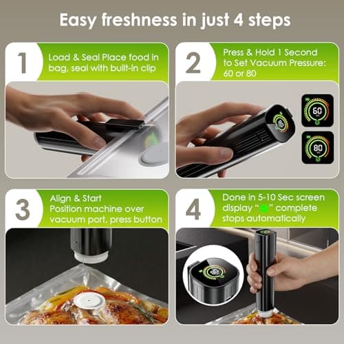 Elxis Vacuum Sealer, Portable handheld Vacuum Sealer + 30 Reusable Vacuum Bags, Portable Food Sealer, With LED pressure display, 2-Speed Pressure Control (60/80 Kpa) view 6