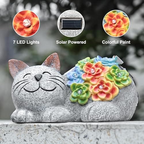 Otdair Solar Cat Decor, Birthday Gifts for Women with Succulent and 7 LED Lights, Christmas Gifts for Mom, Seniors, House Warming New Home Garden Decor for Cat Lover view 5