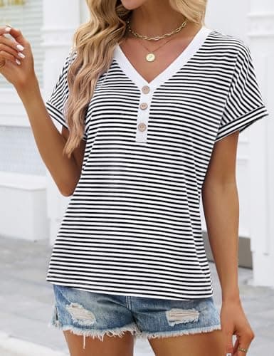 JUSTFASHIONNOW Womens Striped Henley T Shirts Short Sleeve V Neck Summer Tops 2026 Button Front Dressy Casual Blouses view 4