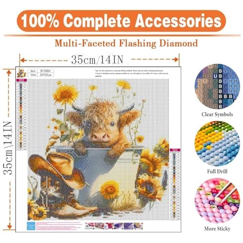 igoodom Cow Diamond Art Kits for Adults, Highland Cow Diamond Art Kits, Full Drill Round Sunflower Diamond Painting Kits, DIY Gem Art and Crafts for Home Wall Decor Gift 14x14inch view 5