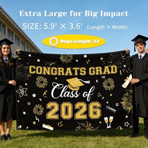 Oeyliz Graduation Decorations 2026 Congrats Grad Banner Class of 2026 Graduation Banner 2026 Graduation Decor Class of 2026 Banner High School College Celebration Party Supplies Yard Sign (Black Gold) view 3