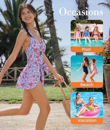 MFAVIP Girls One Piece Swimsuit Padded with Ruffle Skirt Girls Bathing Suit Adjustable Straps Teen Swimwear 9-16 view 4