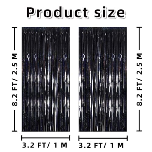 2 Pack 3.2ft x 8.2ft Black Metallic Tinsel Foil Fringe Curtains Door Streamer Photo Booth Backdrop for Birthday Wedding Engagement Baby Shower Bachelorette Christmas Party Supplies Decorations (Black) view 2