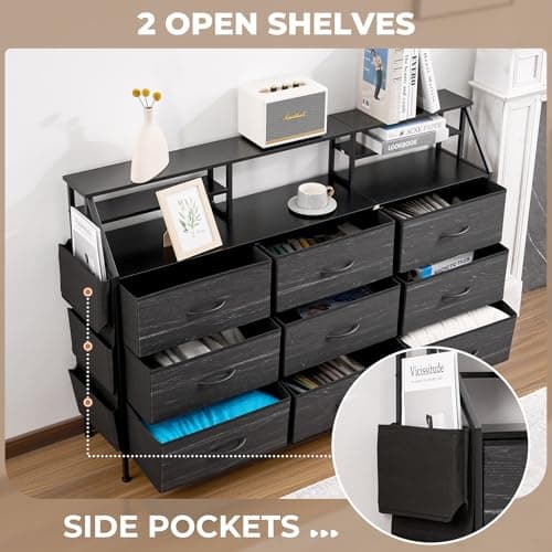 Miereirl 55''W Dresser for Bedroom, 9 Fabric Drawers & 2 Open Shelves for Closet, Bedroom Dresser with Side Pocket, Wide Chest of Drawers, for Bedroom, Living Room,Hallway (Black) view 5