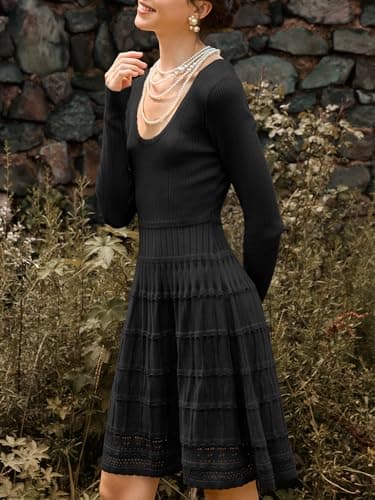 Wenrine Womens Long Sleeve Sweater Dress Knit Crochet Casual A Line Flowy Skater Mini Dresses view 5