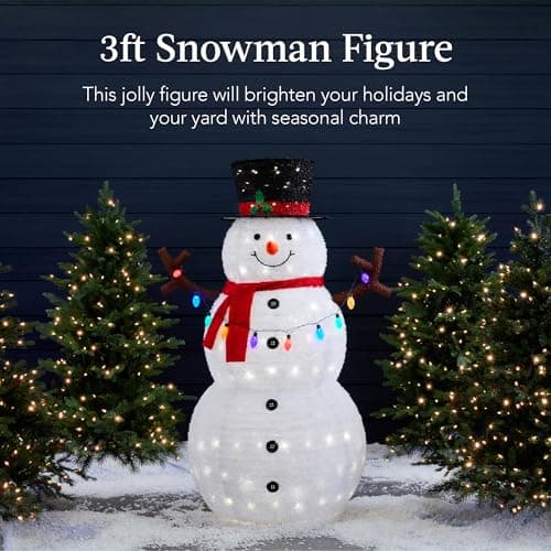 Best Choice Products 3ft Lighted Pop-Up Snowman, Large White Outdoor Christmas Holiday Decoration w/ 100 LED Lights, Hat, Scarf, Multicolored Lights view 3