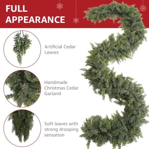 KAI-ROAD 9 Ft Real Touch Cedar Garland Realistic Looking for Mantle | Thick, Soft Feel Faux Christmas Garlands for Fireplace Mantel Artificial Natural Drape for Holiday Indoor and Outdoor Decor view 2
