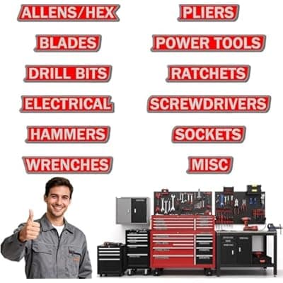 Magnetic Tool Box Organization Labels, 12 Pack Reusable Steel Cabinet Labels for Workshop Storage, Toolbox Drawer with Strong Magnet Backing (Red)