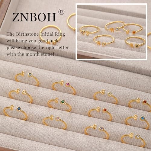 ZNBOH Gold Birthstone Initial Rings for Women Non Tarnish Dainty 14K Gold Plated Adjustable Letter Ring for Women Stackable Cute Thumb Pinky Fashion Unique Open Simple Birthday Gifts Jewelry view 5