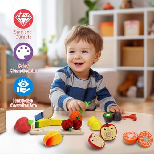 Wooden Play Food Set for Toddlers Toys Pretend Play Kitchen Accessories Fruit Cutting Set for Kids Gift for Boys Girls Montessori Educational Toys view 5
