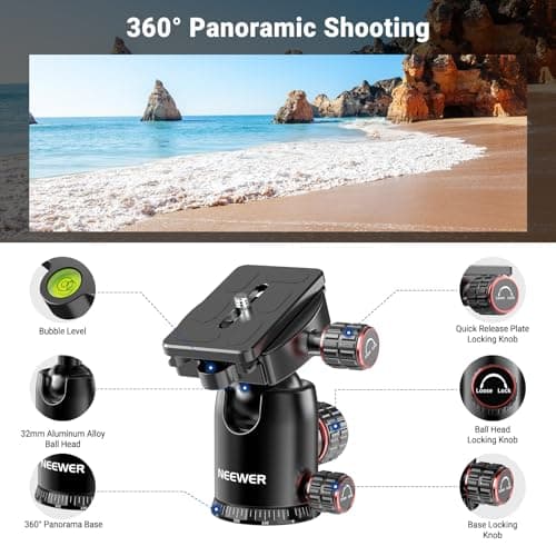 NEEWER 90 Inch Tall Overhead Horizontal Camera Tripod Monopod with Ball Head & Flexible Center Column, Metal DSLR Video Travel Stand, Arca Type QR Plate & Inverted Legs, Max Load 10 kg / 22 lbs, TP63 view 3