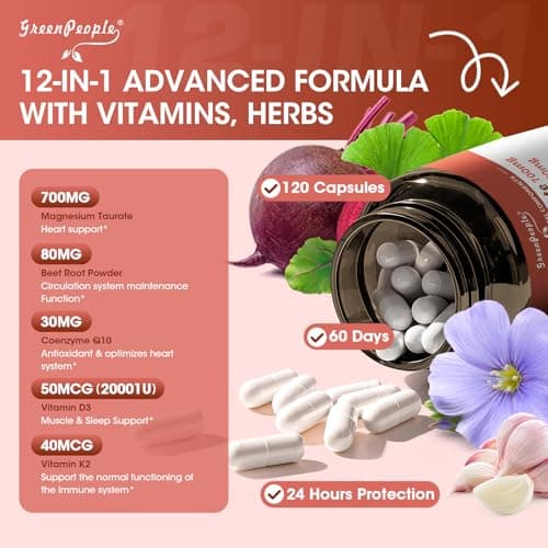 Magnesium Taurate Capsules, 12-in-1 Complex - Beet Root, CoQ10, Resveratrol for Heart Support, Immue Support, High Absorption Magnesium Taurate Complex Supplement for Men and Women, 120 Capsules view 2