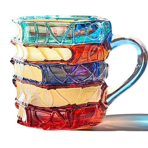 TOPORNEE Handmade Painted Book Coffee Mug, 7 oz Glass Cup, Stacked Books Design with Colored Handle, Gift for Readers and Book Lovers (Colorful, Small) — image 1
