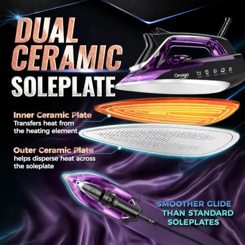 Omaiga 1750W Steam Iron for Clothes, Dual-Ceramic Soleplate, Plum | Fast heat-up, steam burst, 13.5 fl oz tank, anti-drip, 3-way auto shut-off, self-cleaning and anti-calc view 4