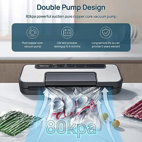 Vakumar Vacuum Sealer Machine, 80Kpa Food Vacuum Sealer Machine with Double Pump, Dry,/Moist, Pulse Mode, Handle Locked Design, LED Indicator Light & Cutter,12MM Widened Heating Strip view 5