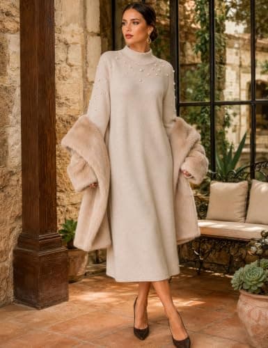 CiCiBird Womens Pearl Sweater Dress Long Sleeve Maxi Dresses | Loose Fit, Mock Neck, Puff Sleeves, Soft Knit, Gentle A Line Hem, Fall Winter, Holiday Wear, Church Events view 2
