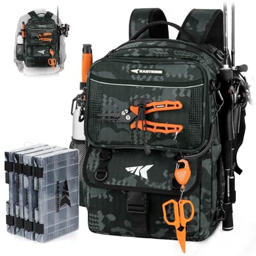 KastKing BaitSpace 50L Fishing Tackle Backpack with Removable Bait Binder & 4 Tackle Boxes,2 Rod Holders Storage Fishing Gear and Equipment,Black Camo