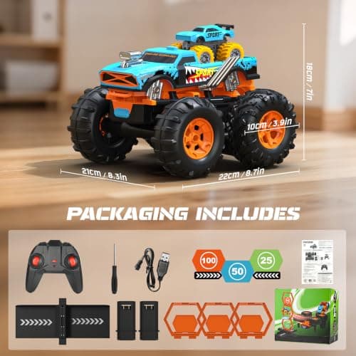 2-in-1 Remote Control Car with Transform Launcher Track – 1:16 RC Monster Truck Toys 2.4GHz, Self-Standing 360° Flips Towing Mini Cars & Electric Scoring Gate Truck Gift for Kids Boys Girls Age 4-12 view 4