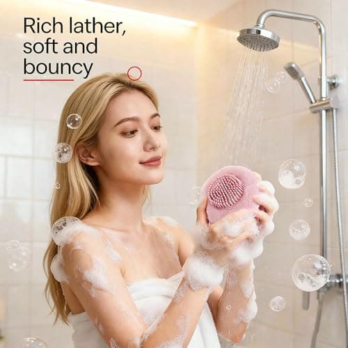 2-in-1 Sunflower Suction Cup Bath Ball, Exfoliating Mesh Shower Body Sponge with Cleaning Brush, Pink and Green, 2 Pack view 2