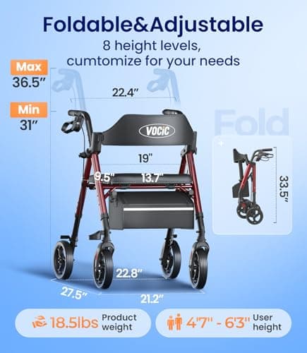 VOCIC Walkers for Seniors, Z21 Rollator Walker with Seat Supports 350lb, 8" Big Wheels for All Terrain, Ergonomic Arc Seat & 6" Ultra Backrest Foldable Walker, Dual Height Adjustment, Lightweight 2025 view 6