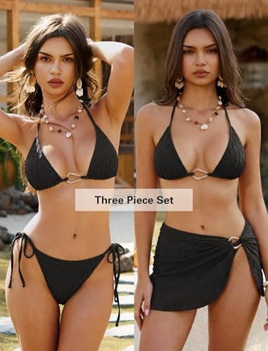 ZAFUL Women's Bikini Sets Three Piece Swimsuit Textured Halter String Tie Side Bathing Suits with Cover Up Skirt view 4