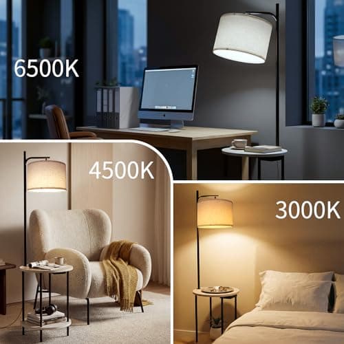 ONEWISH Floor Lamp with Round Table, Side Table for Living Room, Coffee Table with Charging Station (USB/Type-C/AC Port), 3 Color Temperatures, LED Bulb Included, Modern Night Stand for Bedroom, White view 3