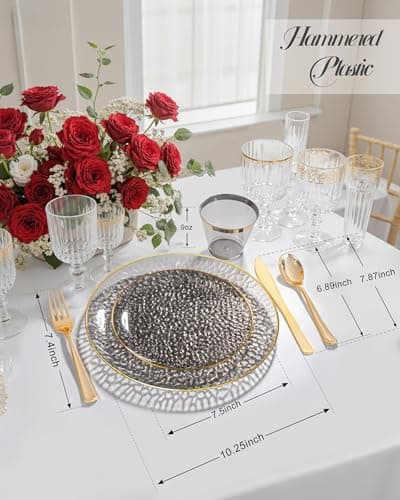 Hioasis 175 Pcs Black Gold Plastic Plates for Wedding | Black Plastic Dinnerware Set Includes 25 Dinner Plate, 25 Dessert Plate, 25 Cups, 25 Napkins view 2