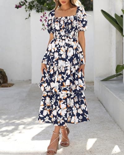 BTFBM Womens Square Neck Smocked Dress Summer Puff Short Sleeve Floral Casual Ruffle Tiered Maxi Wedding Guest Dresses view 2