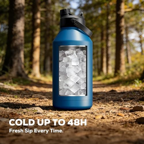 POWCAN 64 oz Insulated Water Bottle with 2-in-1 Straw Spout Lid, Leakproof, Carrier Bag, Shoulder Strap, Keep Cold 48H, Half Gallon Stainless Steel Water Jug for Men, Sports, Camping, Fitness (Indigo) view 6