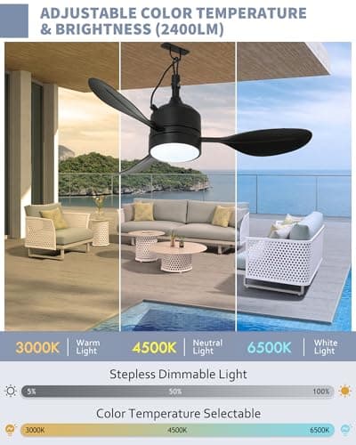 37" Outdoor Ceiling Fan with Light, IP65 Waterproof, Quiet DC Reversible Motor, APP & Remote Control, Dimmable LED 3 Color, 6 Speed, Timing Memory, Plug in Portable Ceiling Fan for Patio Porch Gazebo view 6