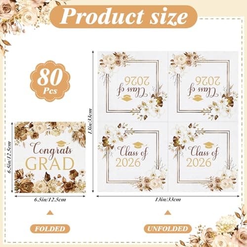 80 Pcs Boho Graduation Napkins, 6.5 Inch Boho Floral Congrats Grad Party Napkins Gold and White Class of 2026 Paper Napkin for High School College Graduation Party Decorations view 2