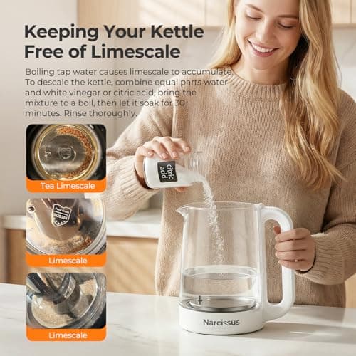 Narcissus Electric Kettle Temperature Control ±5℉, 1.8L Glass Electric Tea Kettle with Removable Infuser for Flowers & Fruit Tea, 1200W Fast Boiling, 6 Hours Keep Warming, White view 6