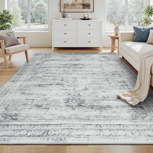 Carpelux 5x7 Washable Area Rugs for Living Room, Soft Faux Wool Carpets for Bedroom Dining Room, Neutral Vintage Distressed Non Slip Stain Resistant Grey White Rug for Home Office Decor