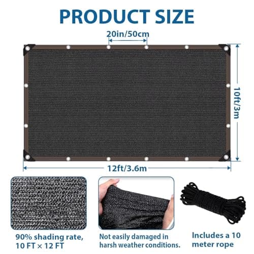 JKNVDVLC 90% Shade Cloth, 10 x 12 FT Tear Resistant Sun Shade Net with Reinforced Grommet,Durable Garden Shade Tarp Cover for Greenhouse,Plant Cover, Chicken Coop,Patio and Pergola,Black view 3