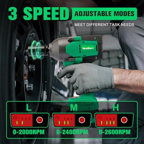 NEWBEAT Brushless Cordless Impact Wrench, 800N.m (590 ft-lbs) Heavy Duty 1/2" Impact Gun, 2-in-1 Impact Drill Combo Kit with Two 4.0Ah Batteries, 3-Speed & Tool Box for Truck, Auto Repair view 3