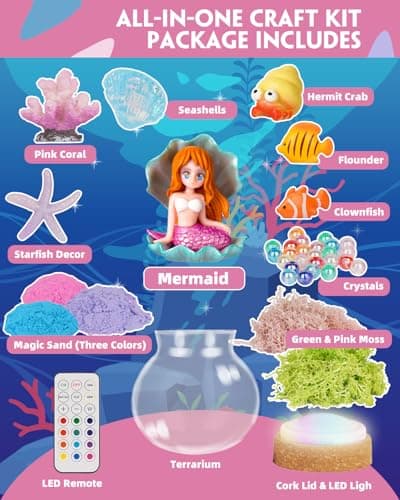 Winnrok Mermaid Terrarium Kit for Girls - DIY Night Light Craft with 13-Color LED, Remote & Timer. Ideal Easter Basket Stuffers, Birthday Gift for Kids Ages 4-8-12. Create Underwater Garden view 6